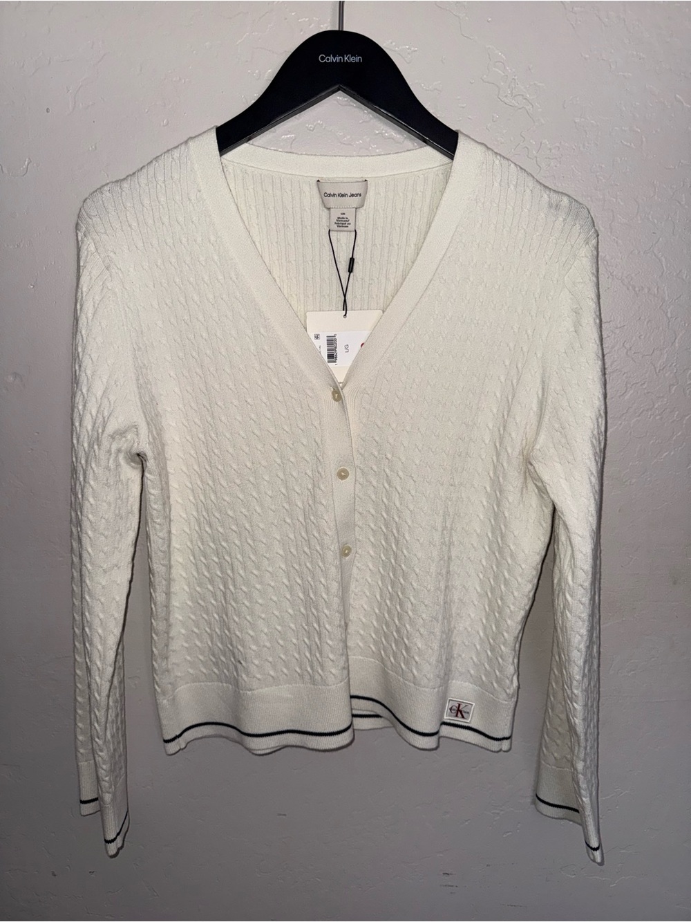 Calvin Klein Cream Cable-Knit Button Long SleeveCardigan with Contrast Navy Trim